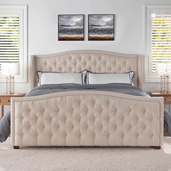 Jennifer Taylor Home Marcella Collection Queen Wingback Tufted Hand-Applied Nail Heads Upholstered Bed, Antique White Antique White Queen
