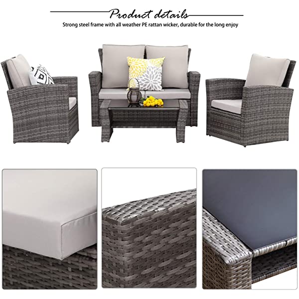 Wisteria Lane 4 Piece Outdoor Patio Furniture Sets, Wicker Conversation Set for Porch Deck, Gray Rattan Sofa Chair with Cushion Grey
