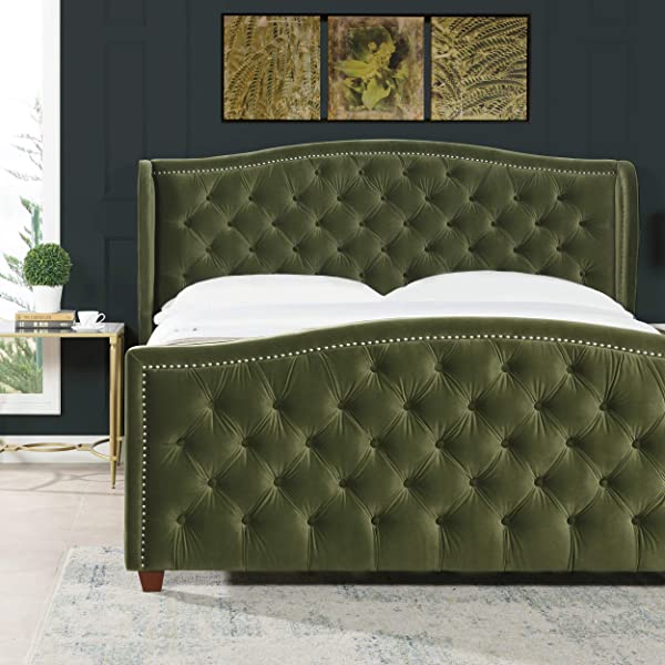 Jennifer Taylor Home Marcella Collection Queen Wingback Tufted Hand-Applied Nail Heads Upholstered Bed, Antique White Antique White Queen