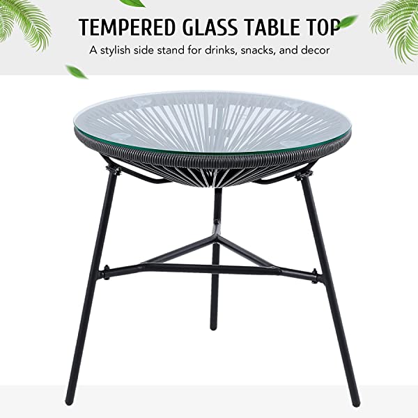 VONLUCE 3 Piece Outdoor Acapulco Bistro Set, Patio Furniture Set with Glass Top Table and 2 Rocking Chairs with Hand-Woven Rope, All Weather 3pc Conversation Set for Balcony and Patio Décor, Black