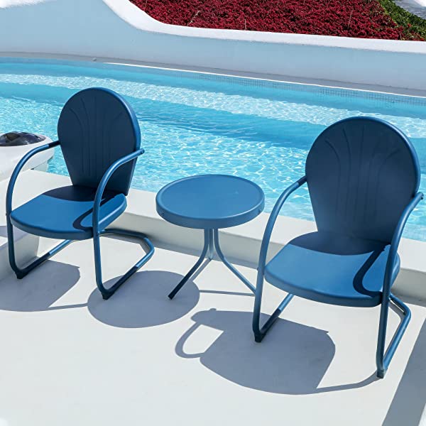 PURPLE LEAF Outdoor Patio Bistro Set, 3 Pieces Retro Porch Furniture Set 2 C-Spring Metal Outdoor Chairs and Round Side Table, Blue