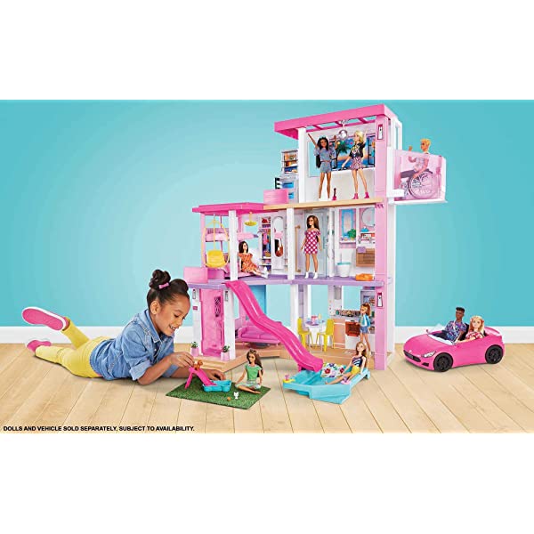 Barbie Dreamhouse (3.75-ft) 3-Story Dollhouse Playset with Pool & Slide, Party Room, Elevator, Puppy Play Area, Customizable Lights & Sounds, 75+ Pieces, Gift for 3 to 7 Year Olds, New for 2021