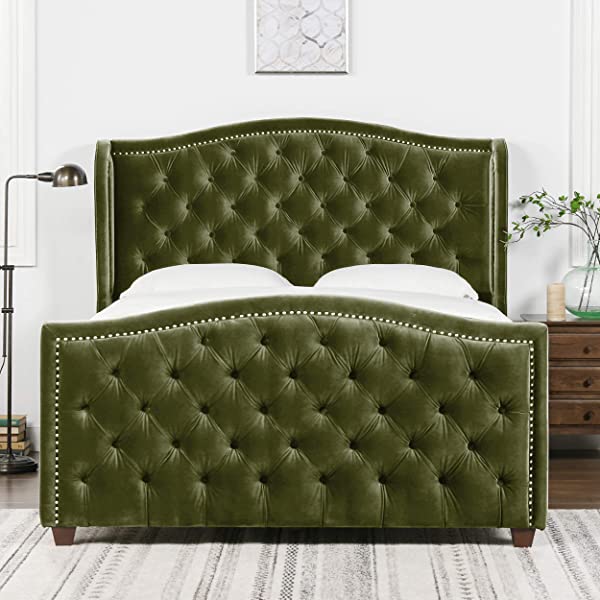 Jennifer Taylor Home Marcella Collection Queen Wingback Tufted Hand-Applied Nail Heads Upholstered Bed, Antique White Antique White Queen