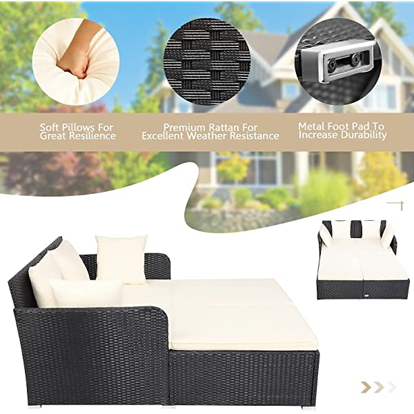 Salches Outdoor Rattan Daybed, Patio Loveseat Sofa Set w/Comfortable Cushions, Extra Pillows & Metal Foot, Sunbed Wicker Furniture for Yard/Poolside/Living Room/Garden/Porch (Red)