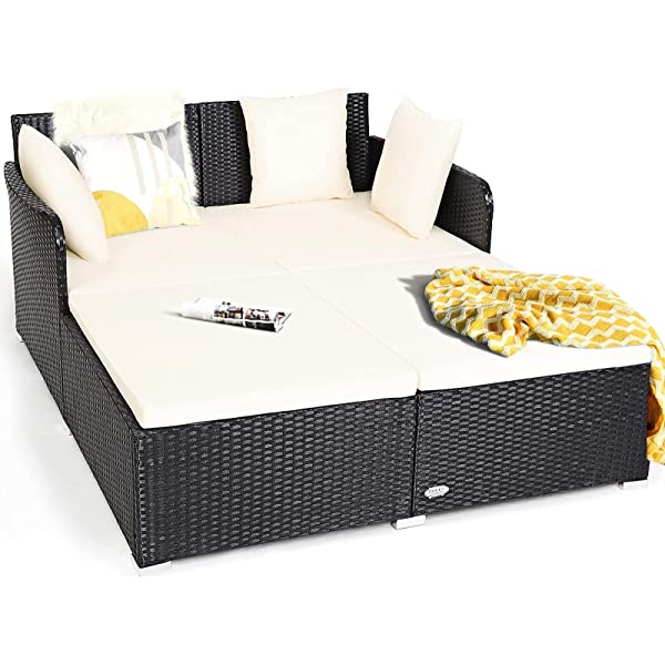 Salches Outdoor Rattan Daybed, Patio Loveseat Sofa Set w/Comfortable Cushions, Extra Pillows & Metal Foot, Sunbed Wicker Furniture for Yard/Poolside/Living Room/Garden/Porch (Red)