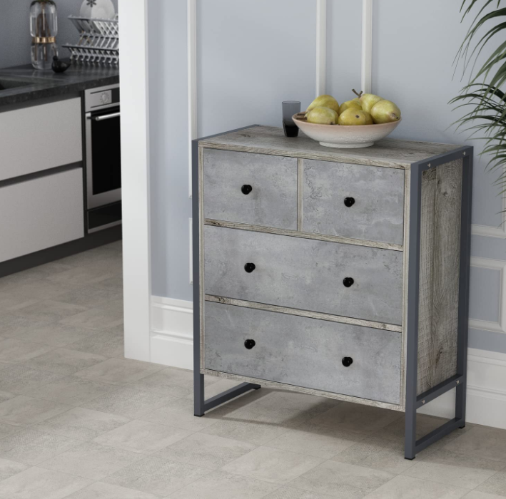 DiDuGo Wood 4 Drawer Dresser Grey Dresser with Metal Frame, Drawer Chest for Bedroom Chest of Drawers (25.2”L x 11.8”W x 29.5”H)