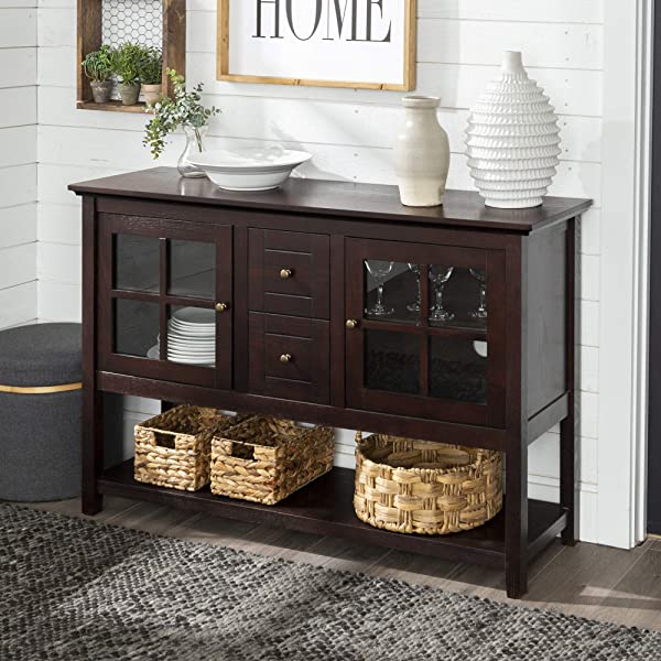 Walker Edison Charlotte Classic Glass Door Storage Buffet, 52 Inch, Espresso Espresso 52 Inch
