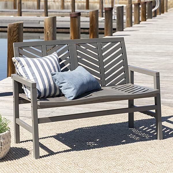 Walker Edison 5 Person Outdoor Wood Chevron Patio Furniture Dining Set Table Chairs Bench All Weather Backyard Conversation Garden Poolside Balcony, 4 Piece, Brown Brown 4 Piece Dining Set