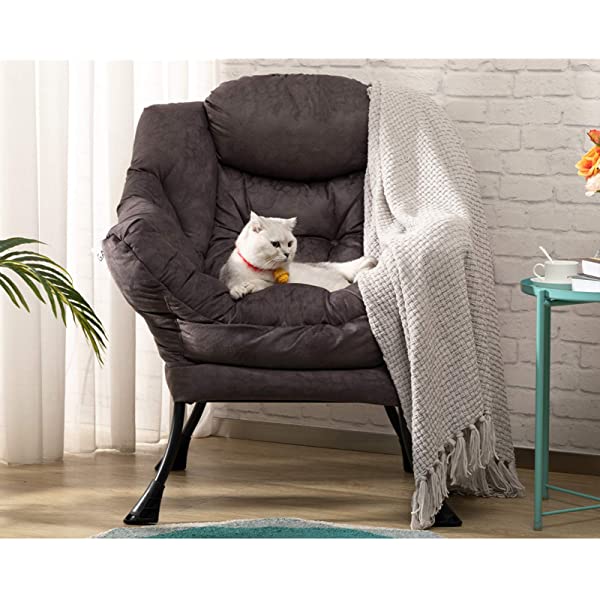 AbocoFur Modern Large Cotton Fabric Lazy Chair,Accent Contemporary Lounge Chair, Single Steel Frame Leisure Sofa Chair with Armrests and A Side Pocket, Beige