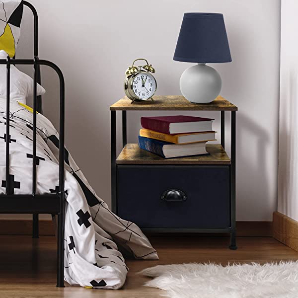 Sorbus Nightstand 1-Drawer Shelf Storage- Bedside Furniture & Accent End Table Chest for Home, Bedroom, Office, College Dorm, Steel Frame, Wood Top, Easy Pull Fabric Bins (Rustic Wood)
