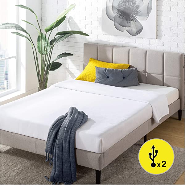 ZINUS Lottie Upholstered Platform Bed Frame / Mattress Foundation / Wood Slat Support / No Box Spring Needed / Easy Assembly, Grey, Queen Grey Queen Standard