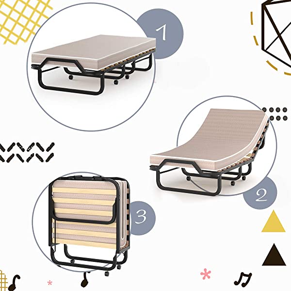 Giantex Rollaway Folding Bed with 4 Inch Mattress, Portable Foldable Guest Bed for Adults, Sturdy Metal Frame, Memory Foam Mattress, Folding Bed Cot Size (Beige & Black) Wood