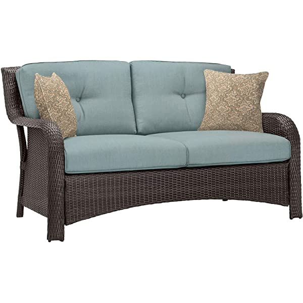 Hanover Strathmere 6-Piece Outdoor Patio Conversation Set, 2 Side Chairs with Ottomans, Loveseat and Tempered Glass Coffee Table, with Hand-Woven Wicker and Thick Cilantro Green Cushions, STRATHMERE6PC