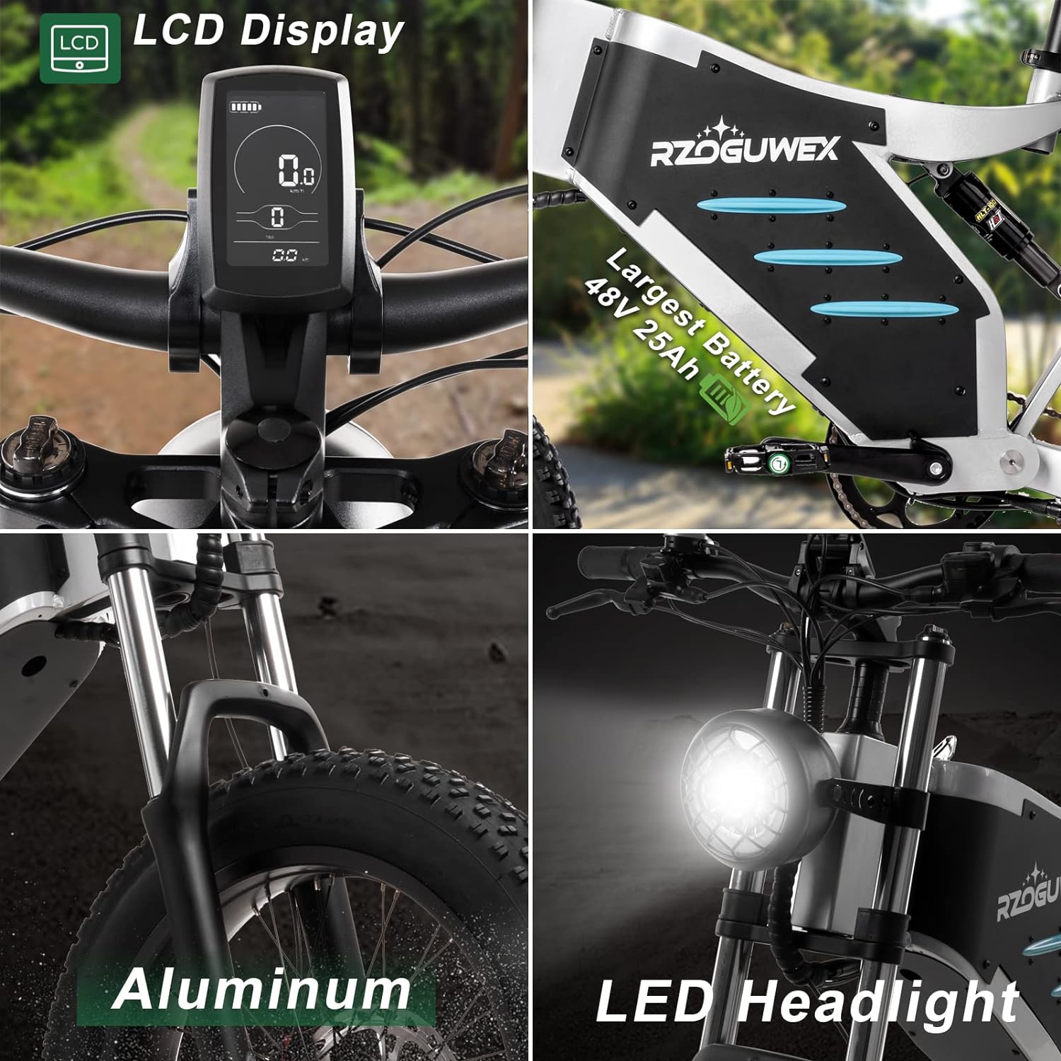 RZOGUWEX Electric Bicycle,20 Inch Off-Road EBIKE for Adults with 48V 25AH Detachable Lithium Ion Battery, 7 Speed Snow Bike with Dual Shock Absorbers and Brush-less Motor