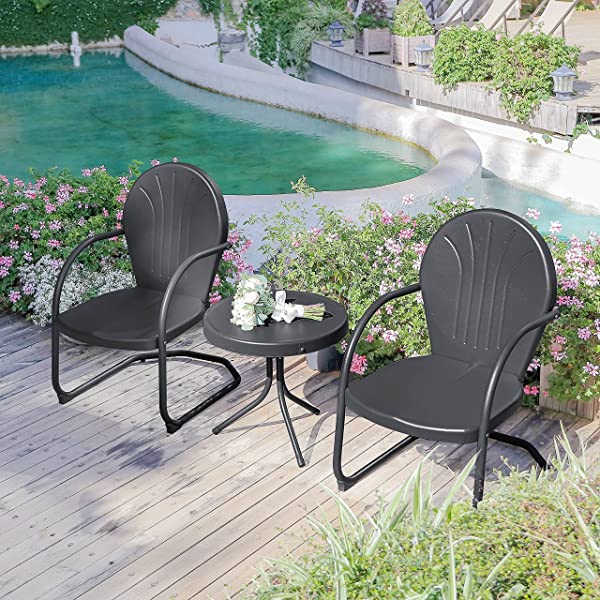 PURPLE LEAF Outdoor Patio Bistro Set, 3 Pieces Retro Porch Furniture Set 2 C-Spring Metal Outdoor Chairs and Round Side Table, Blue