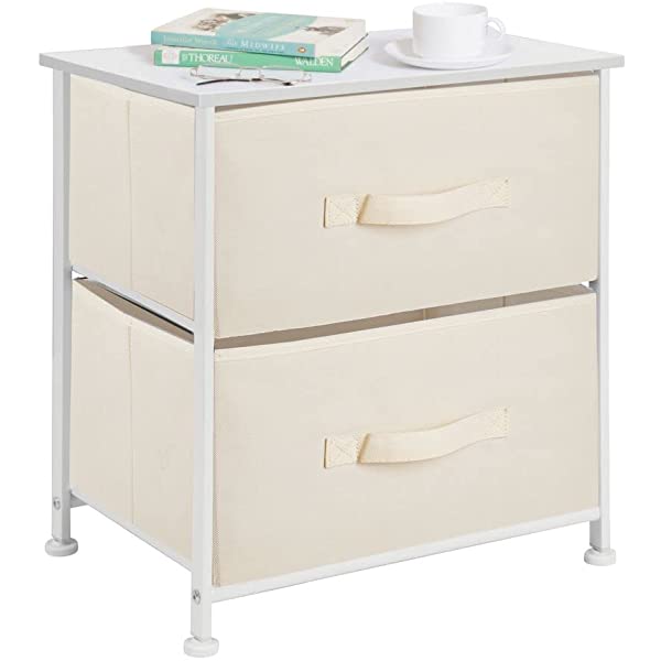 mDesign Storage Dresser End/Side Table Night Stand Furniture Unit - Small Standing Organizer for Bedroom, Office, Living Room, and Closet - 2 Drawer Removable Fabric Bins - Gray/White Grey
