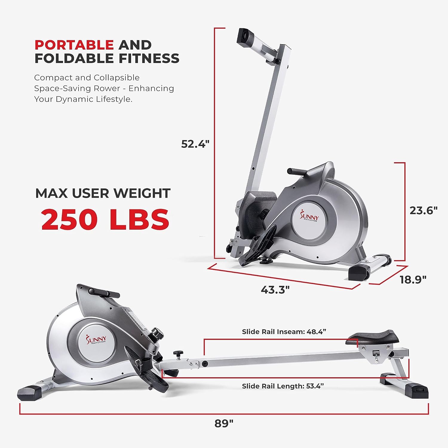 Sunny Health and Fitness Magnetic Rowing Machine, Folding Rower with LCD Monitor and Extra Long Slide Rail, 8 Level Resistance, Transport Wheels, Full Body Workout Equipment For Home, SF-RW5515, Gray