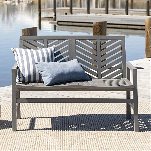 Walker Edison 5 Person Outdoor Wood Chevron Patio Furniture Dining Set Table Chairs Bench All Weather Backyard Conversation Garden Poolside Balcony, 4 Piece, Brown Brown 4 Piece Dining Set