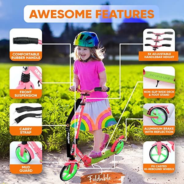 Hurtle Scooter – Scooter for Teenager – Kick Scooter – 2 Wheel Scooter with Adjustable T-Bar Handlebar – Folding Adult Kick Scooter with Alloy Anti-Slip Deck Pink