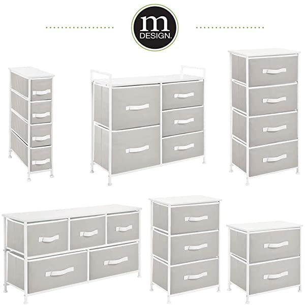 mDesign Storage Dresser End/Side Table Night Stand Furniture Unit - Small Standing Organizer for Bedroom, Office, Living Room, and Closet - 2 Drawer Removable Fabric Bins - Gray/White Grey
