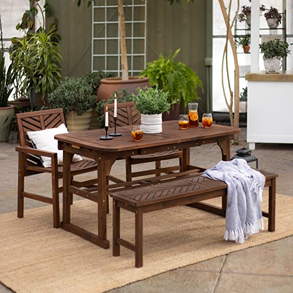 Walker Edison 5 Person Outdoor Wood Chevron Patio Furniture Dining Set Table Chairs Bench All Weather Backyard Conversation Garden Poolside Balcony, 4 Piece, Brown Brown 4 Piece Dining Set