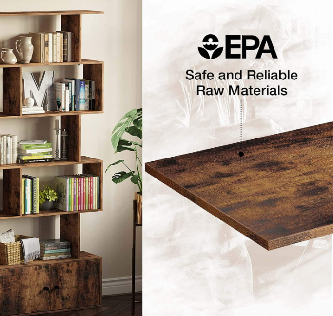 Rolanstar Bookshelf with Doors, 6-Tier Bookcase with Cabinet, Freestanding Bookshelves Storage Display Cabinet, Rustic Wood Bookshelf for Living Room, Bedroom, Home Office