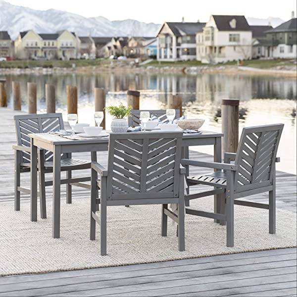 Walker Edison 5 Person Outdoor Wood Chevron Patio Furniture Dining Set Table Chairs Bench All Weather Backyard Conversation Garden Poolside Balcony, 4 Piece, Brown Brown 4 Piece Dining Set