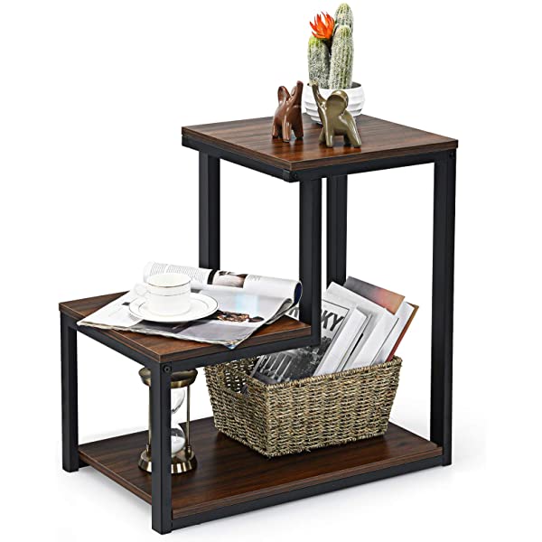 Tangkula 3-Tier Sofa Side Table, Nightstand with Storage Shelf, Sturdy Metal Frame, Ladder-Shaped Chair Side Table, White Tabletop Storage Shelf for Living Room or Bedroom (White)