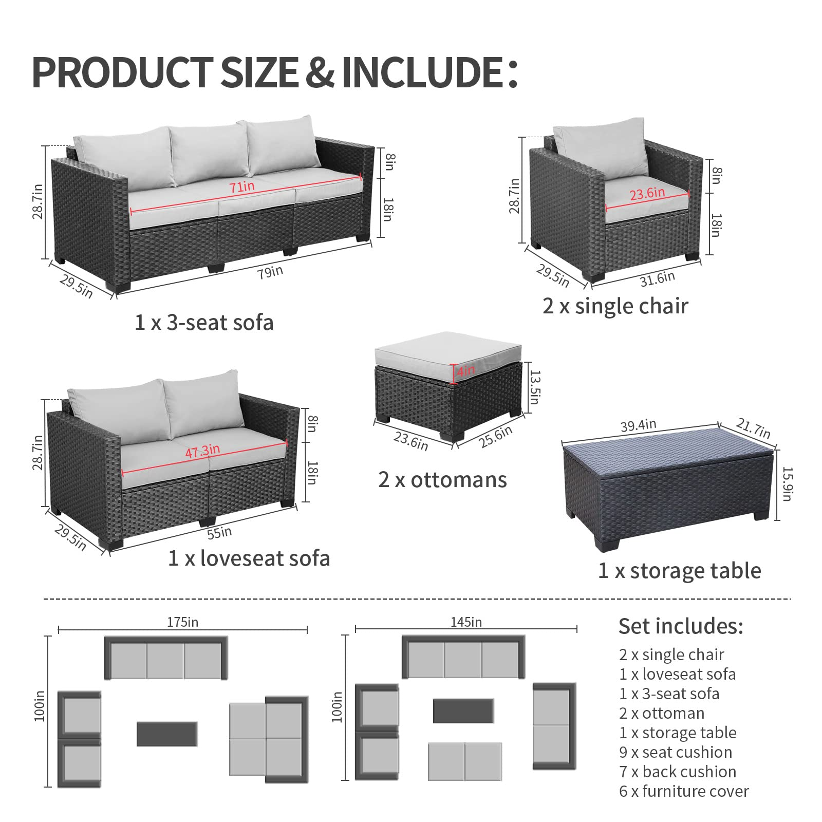【Furniture】Patio Wicker Furniture Set 7 Pcs Outdoor PE Rattan Conversation Couch Sectional Chair Sofa Set