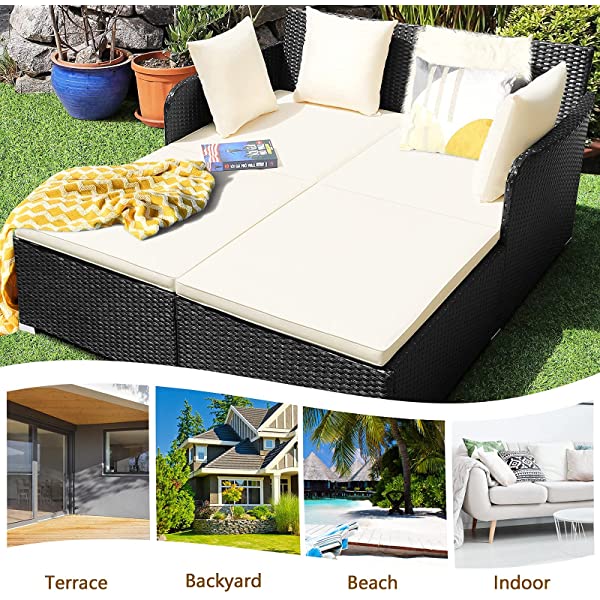 Salches Outdoor Rattan Daybed, Patio Loveseat Sofa Set w/Comfortable Cushions, Extra Pillows & Metal Foot, Sunbed Wicker Furniture for Yard/Poolside/Living Room/Garden/Porch (Red)