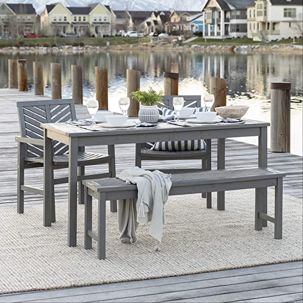 Walker Edison 5 Person Outdoor Wood Chevron Patio Furniture Dining Set Table Chairs Bench All Weather Backyard Conversation Garden Poolside Balcony, 4 Piece, Brown Brown 4 Piece Dining Set