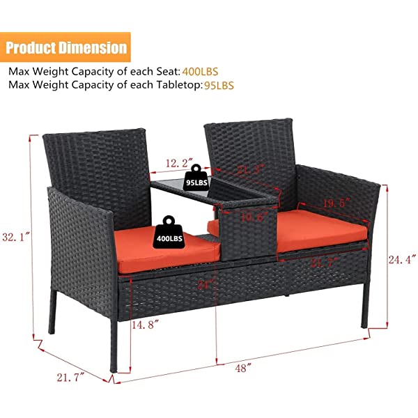 Outdoor Patio Loveseats, Patio Conversation Set with Cushions and Table, Wicker Sofa Set with Built-in Coffee Table, Tempered Glass Top, Modern Rattan Sofas for Garden Lawn Backyard Beige