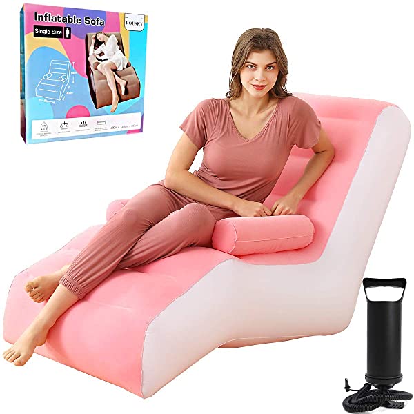Inflatable Chaise Lounges Folding Lazy Floor Chair Sofa Lounger Bed with Armrests (Khaki)