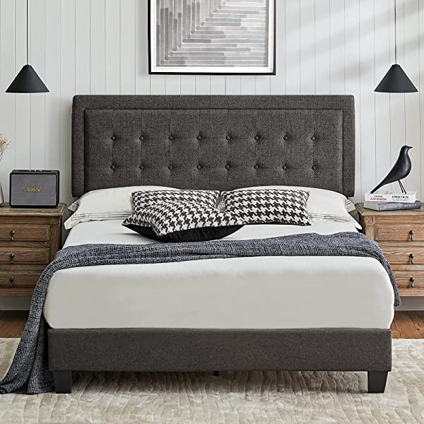 Amerlife Queen Bed Frame Upholstered Platform Bed with Adjustable Headboard - Button Tufted Mattress Foundation with Wooden Slat Support/No Box Spring Needed/Easy Assembly (Beige) Queen Beige