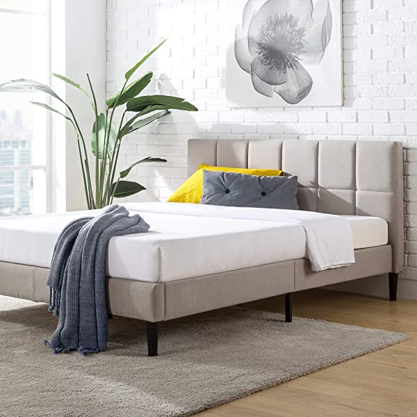 ZINUS Lottie Upholstered Platform Bed Frame / Mattress Foundation / Wood Slat Support / No Box Spring Needed / Easy Assembly, Grey, Queen Grey Queen Standard