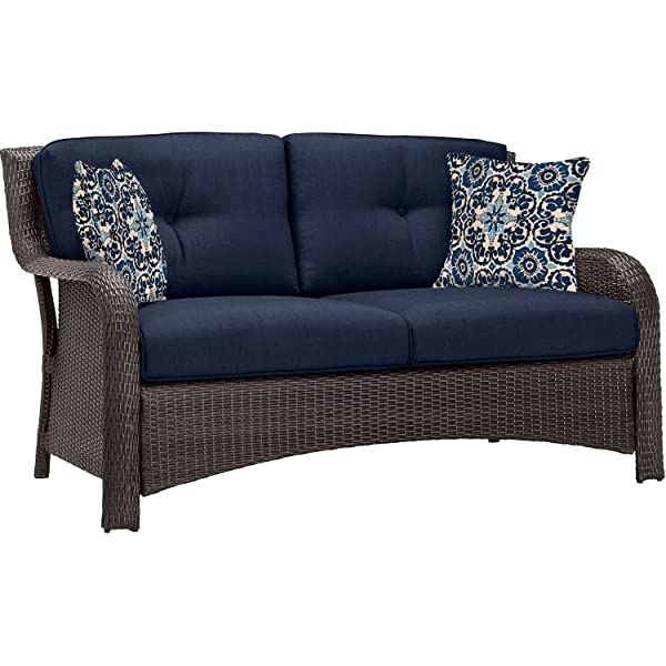 Hanover Strathmere 6-Piece Outdoor Patio Conversation Set, 2 Side Chairs with Ottomans, Loveseat and Tempered Glass Coffee Table, with Hand-Woven Wicker and Thick Cilantro Green Cushions, STRATHMERE6PC