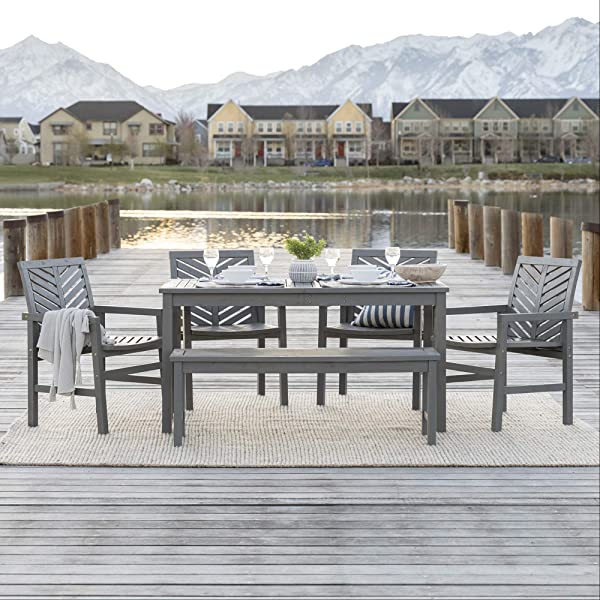 Walker Edison 5 Person Outdoor Wood Chevron Patio Furniture Dining Set Table Chairs Bench All Weather Backyard Conversation Garden Poolside Balcony, 4 Piece, Brown Brown 4 Piece Dining Set
