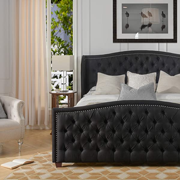 Jennifer Taylor Home Marcella Collection Queen Wingback Tufted Hand-Applied Nail Heads Upholstered Bed, Antique White Antique White Queen