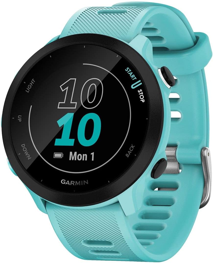 The Garmin Forerunner 55 is a GPS-enabled smart running watch that supports training plan creation, notification reception, and helps users monitor their health.
