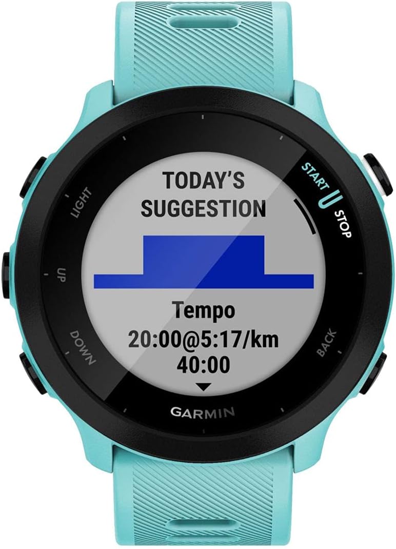 The Garmin Forerunner 55 is a GPS-enabled smart running watch that supports training plan creation, notification reception, and helps users monitor their health.